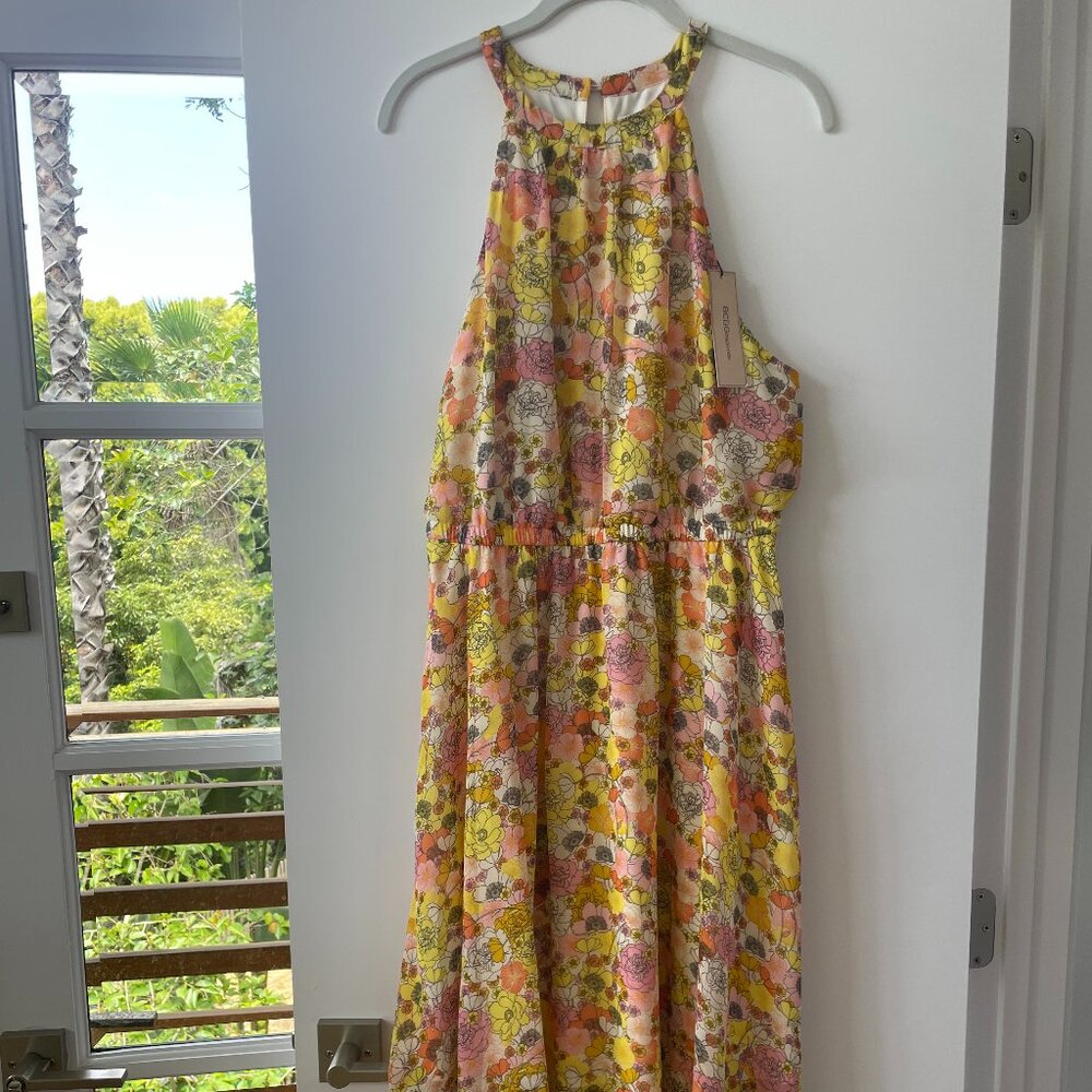 BCBGeneration Midi Halter Dress in‎ Yellow and Pink Floral, L, NWT